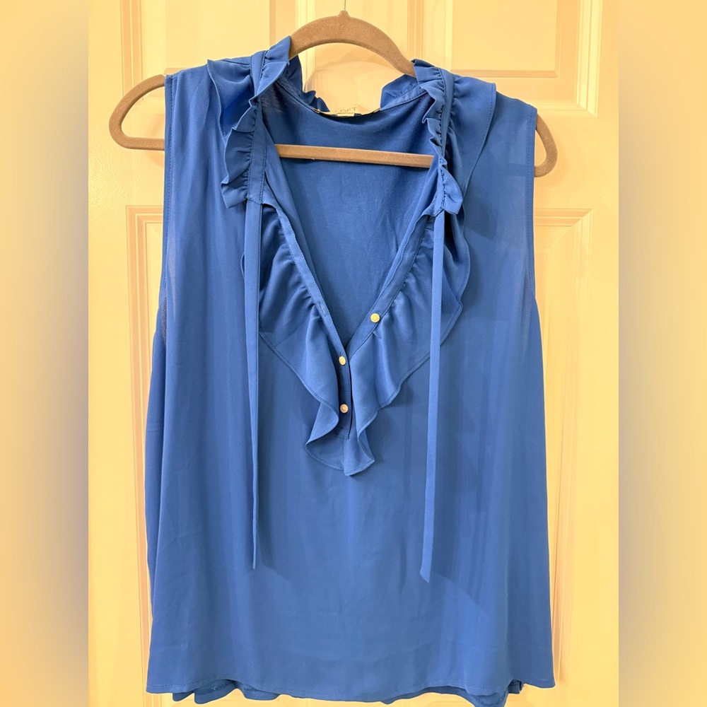 LOFT Royal Blue Ruffled Sleeveless V-Neck Blouse
